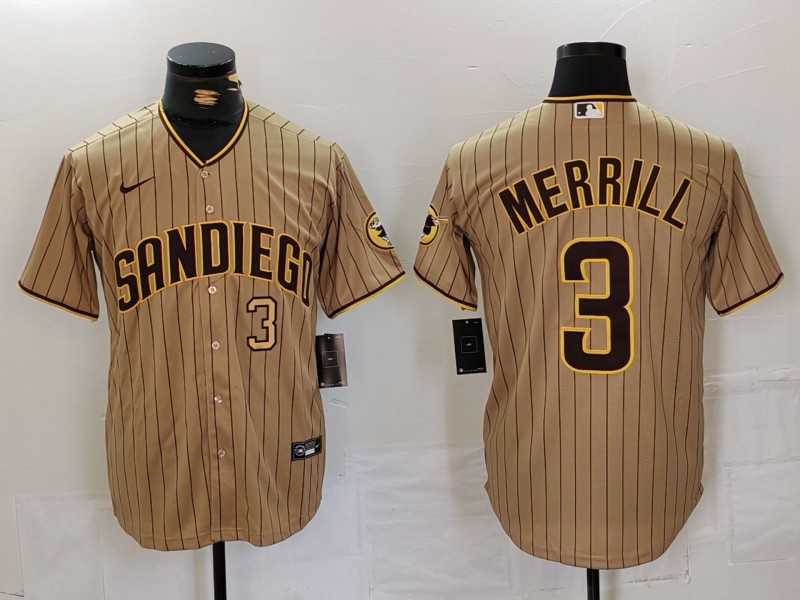 Men%27s San Diego Padres #3 Jackson Merrill Tan NEW 2023 Cool Base Stitched Jerseys